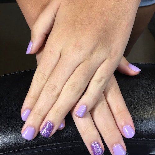 Lavender gel manicure with glitter accent nail by Lovely K Nails
